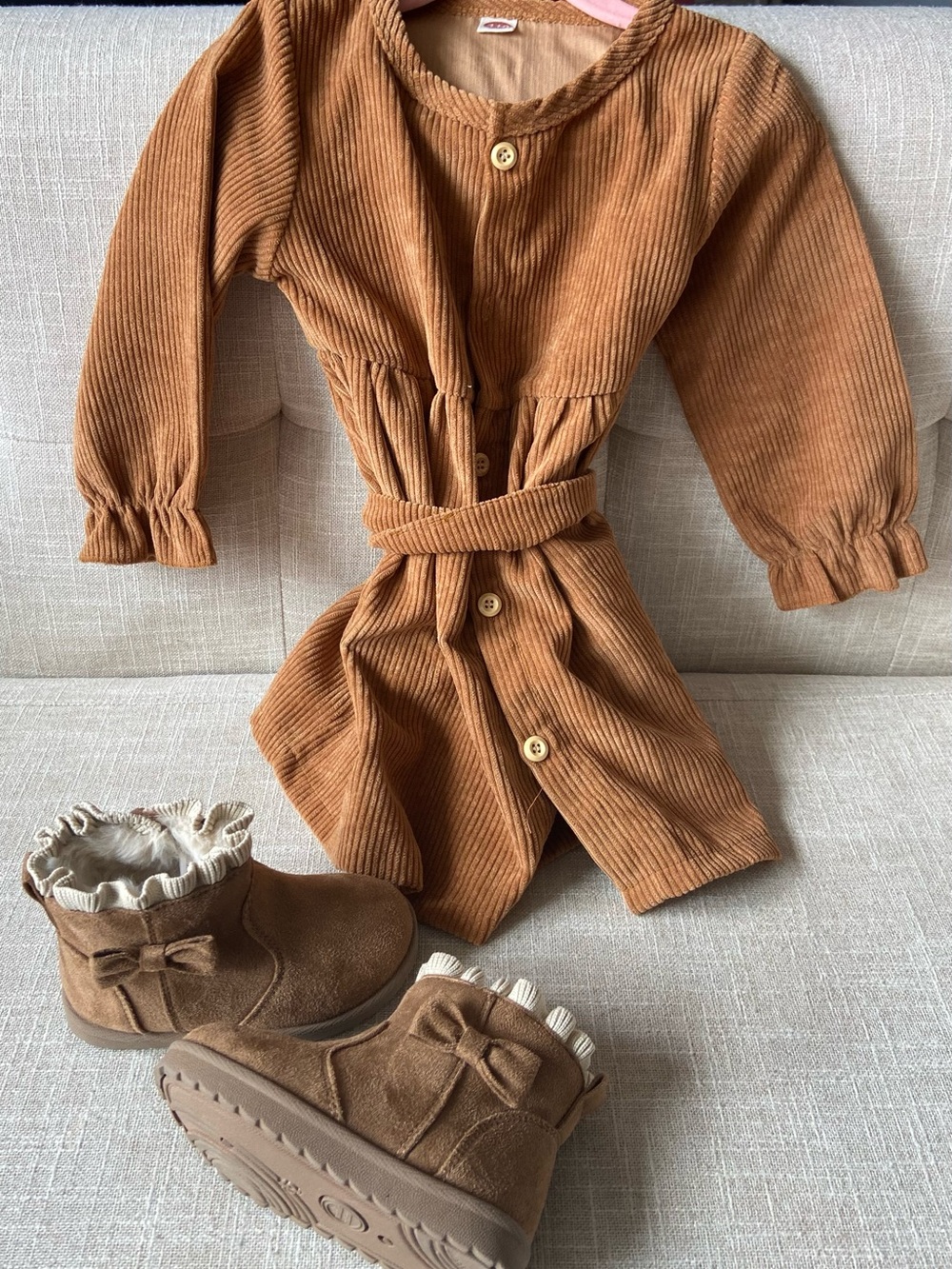 Boutique Toddler Girl’s Corduroy One-Piece Romper and matching Fall/Winter boots